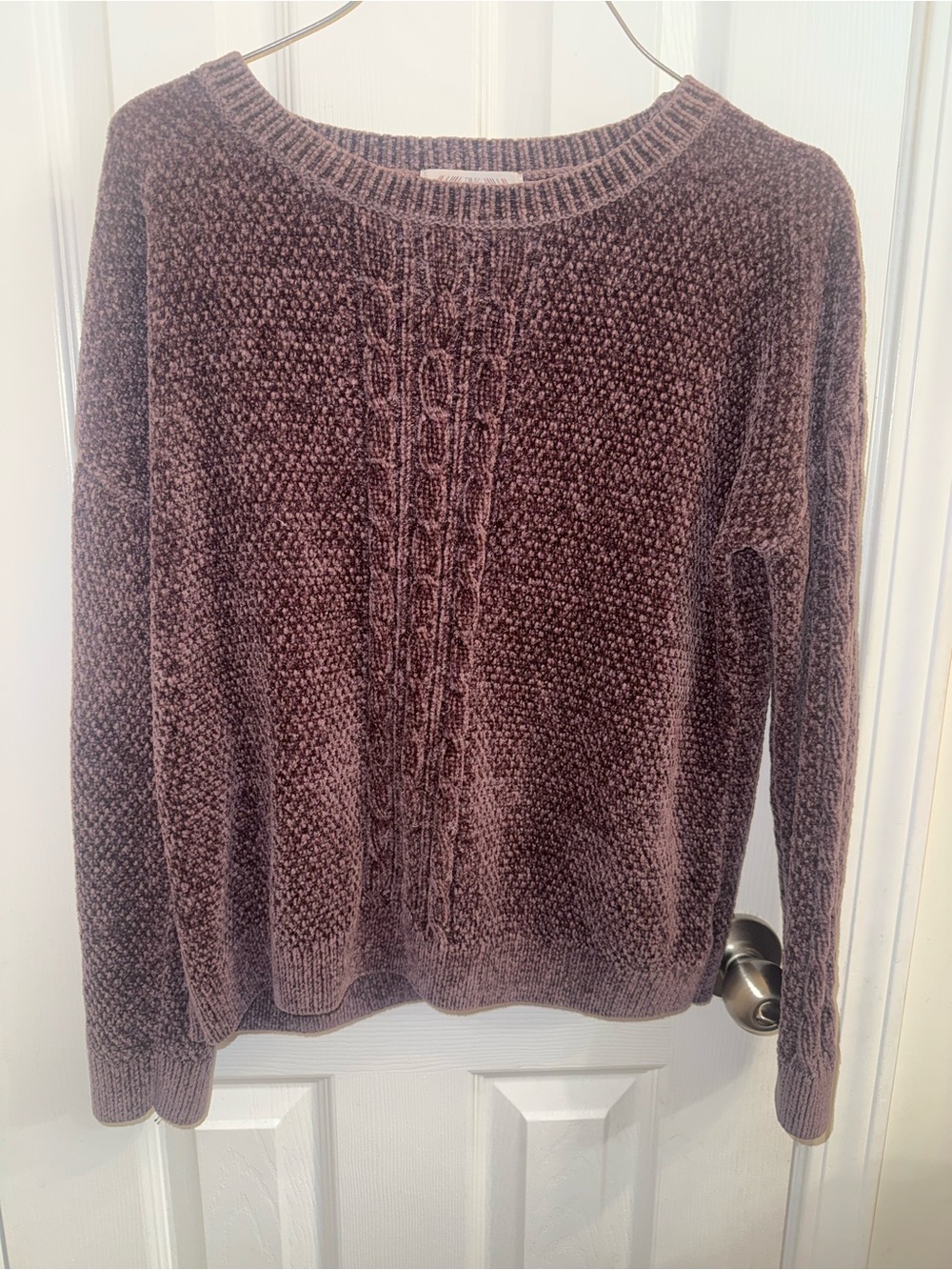 Pink Rose Cable-Front Crew Sweater in Mauve